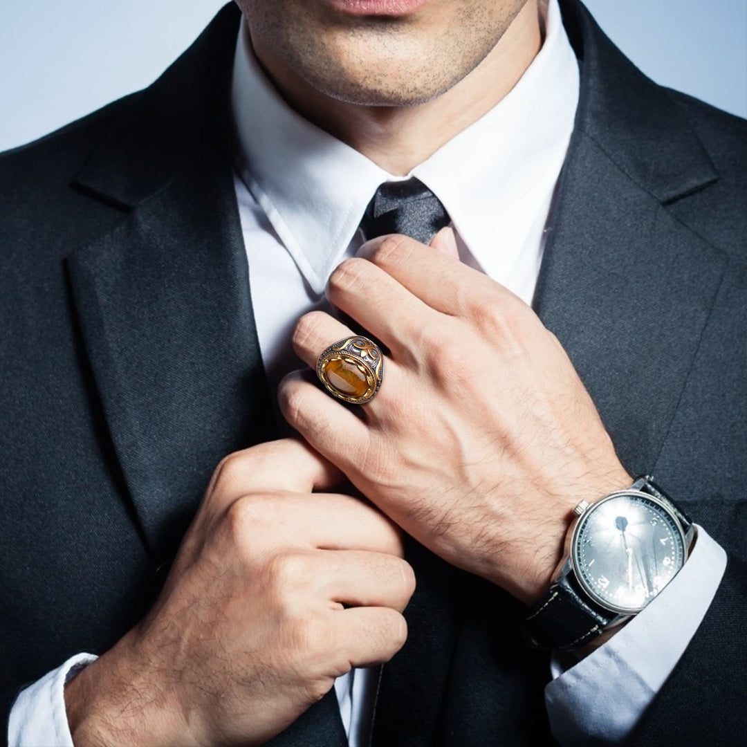 Bague rétro Olivenorma pour homme avec grande pierre œil de tigre