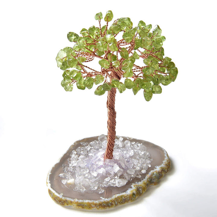 Arbre Feng Shui en pierre précieuse naturelle péridot Olivenorma avec base en agate