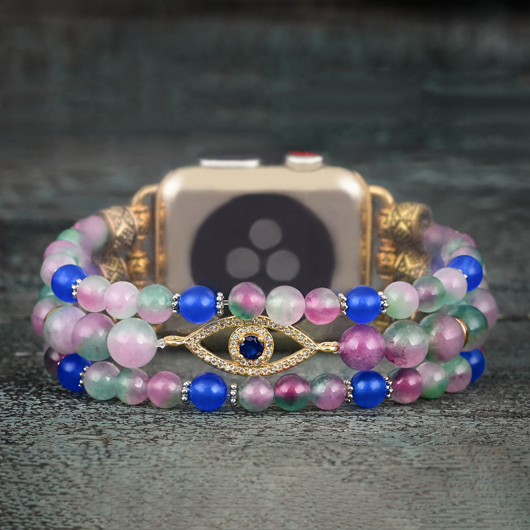 Bracelet de montre Apple Watch Olivenorma avec perles roses et bleues et motif œil mauvais