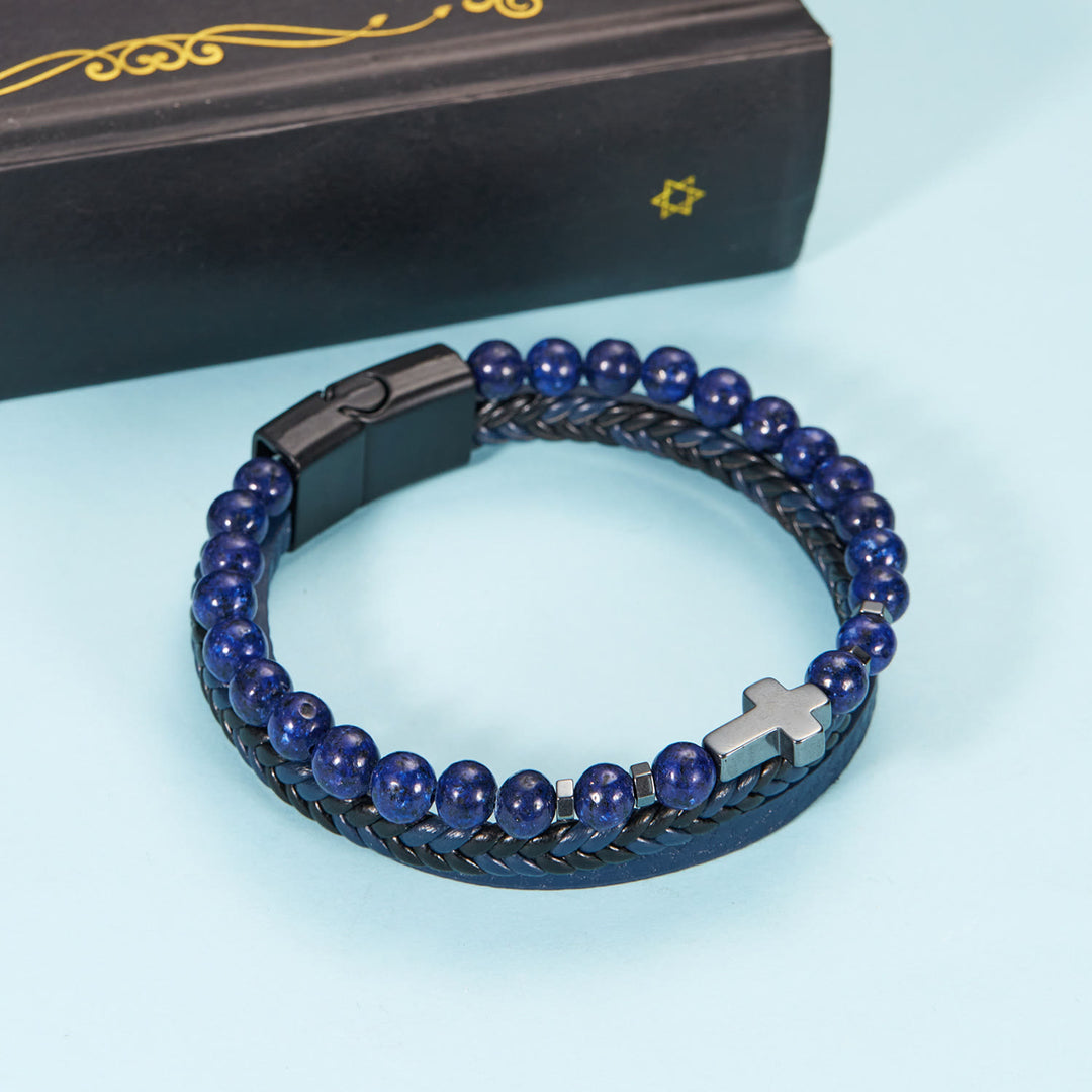 Bracelet en cuir tressé pour homme avec perles en pierre naturelle Olivenorma