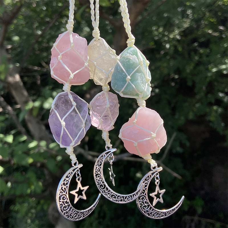 Carillon à vent en pierre de cristal naturel avec symbole de la lune et de l'étoile