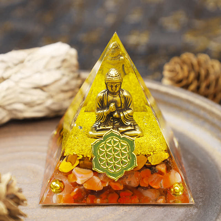 Jaspe rouge Olivenorma avec pyramide orgonite de Bouddha