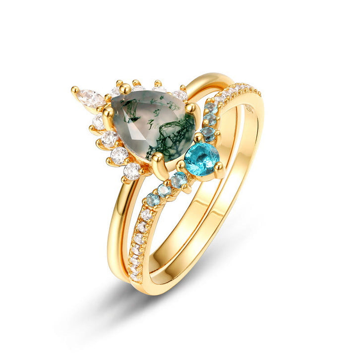 Bague en argent 925 avec 2 pièces d'agate mousse et tourmaline Paraiba Olivenorma