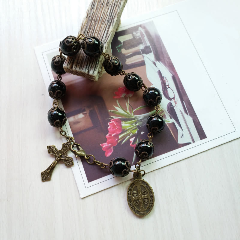 Bracelet chapelet avec pendentif croix en obsidienne sacrée Olivenorma
