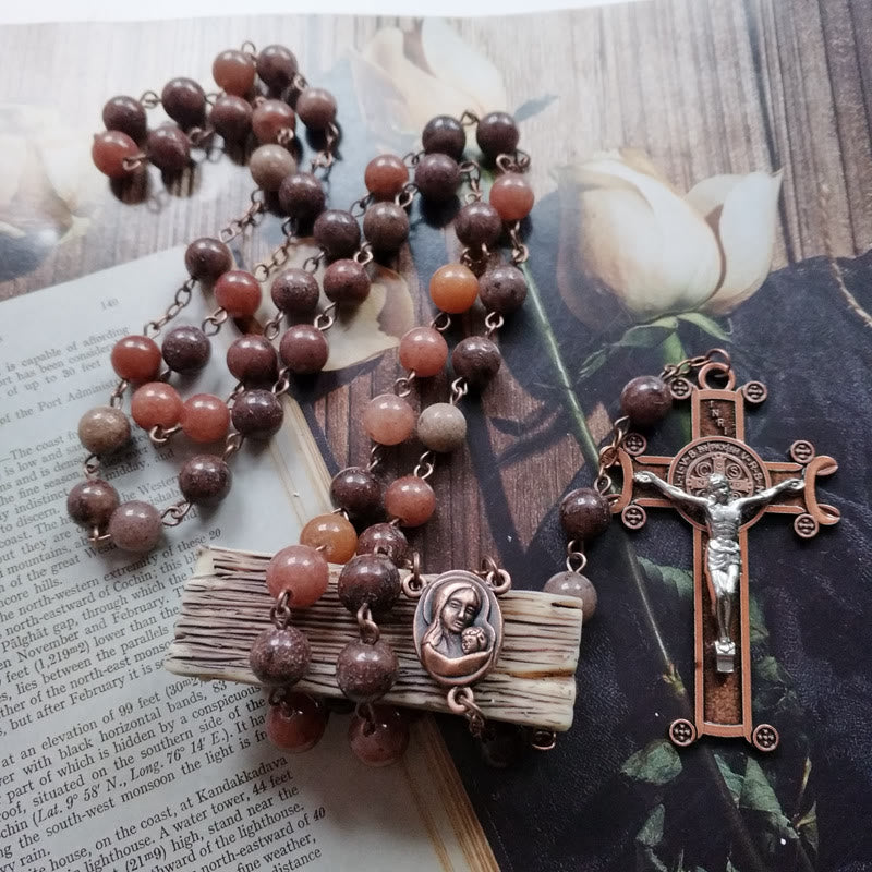 Collier chapelet avec pendentif croix en cuivre et aventurine violette Olivenorma