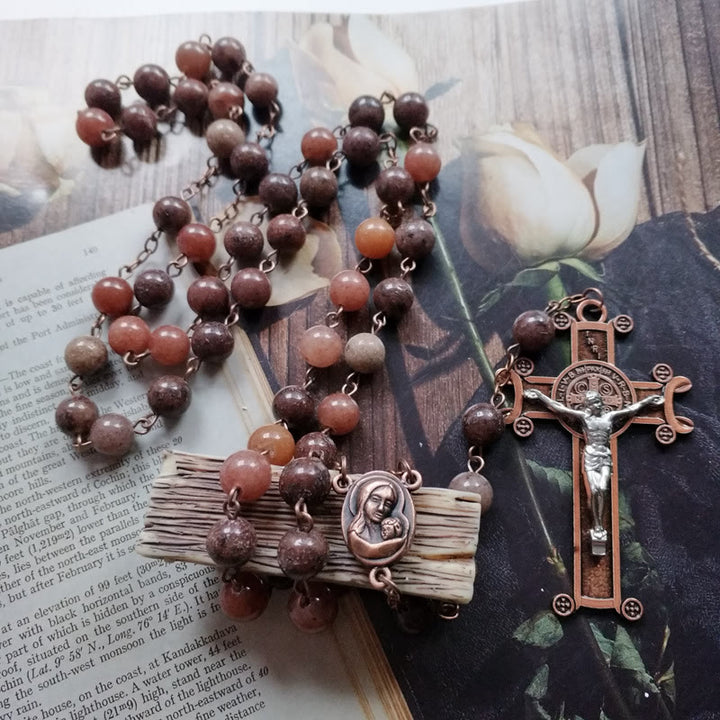 Collier chapelet avec pendentif croix en cuivre et aventurine violette Olivenorma