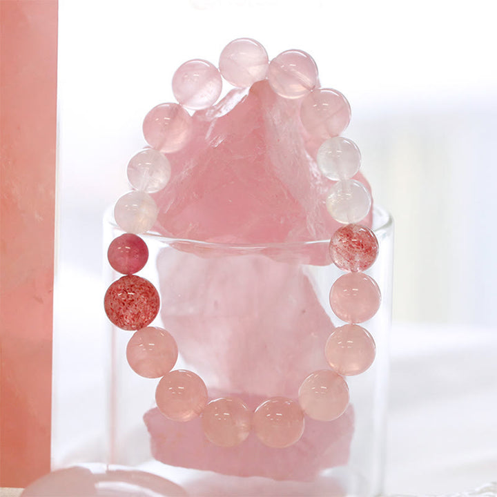 Bracelet en perles de quartz transparent rose fraise Olivenorma