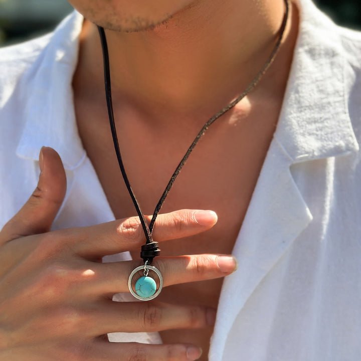 Collier en cuir turquoise avec bague en argent Olivenorma 