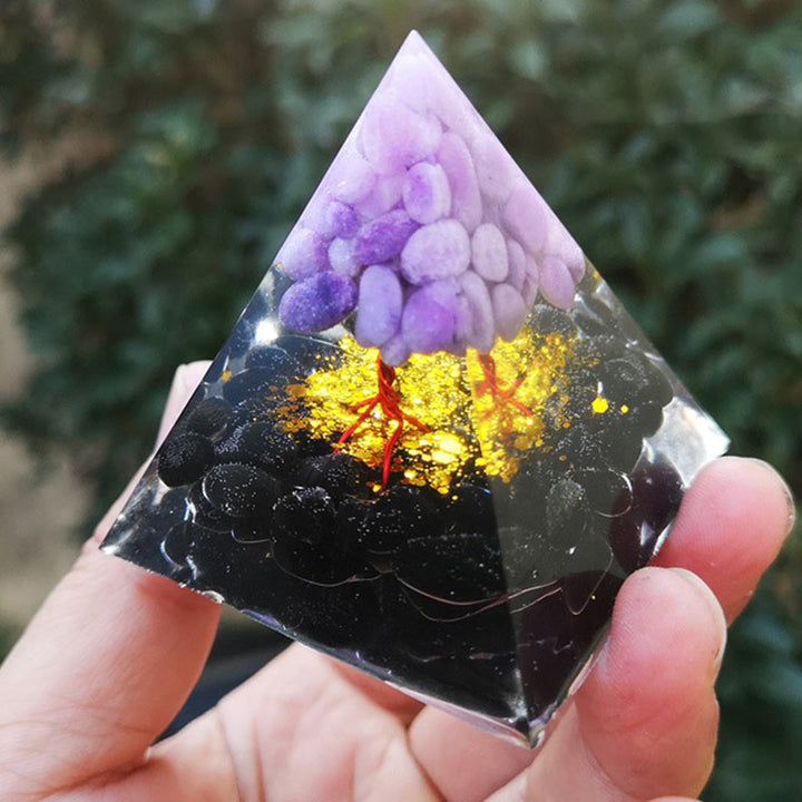 Pyramide d'orgone d'arbre de vie en obsidienne de jade violet Olivenorma