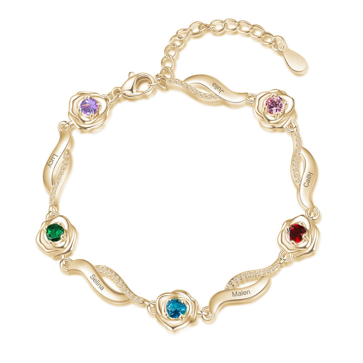 Bracelet à breloques avec pierre de naissance et fleur de rose gravée Olivenorma 