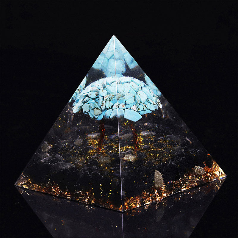 Pyramide porte-bonheur en obsidienne Olivenorma avec orgone turquoise