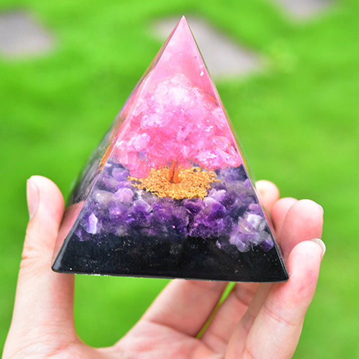 Pyramide d'orgone en obsidienne améthyste avec cristal rose Olivenorma