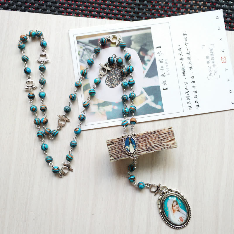 Collier chapelet avec pendentif médaille sacrée de la Vierge en azurite et malachite Olivenorma 