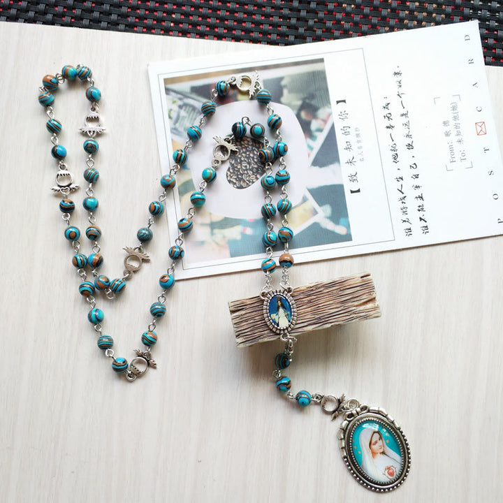 Collier chapelet avec pendentif médaille sacrée de la Vierge en azurite et malachite Olivenorma 