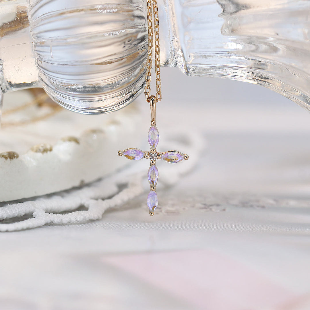 Collier pendentif croix en pierre de lune artificielle en opale Olivenorma