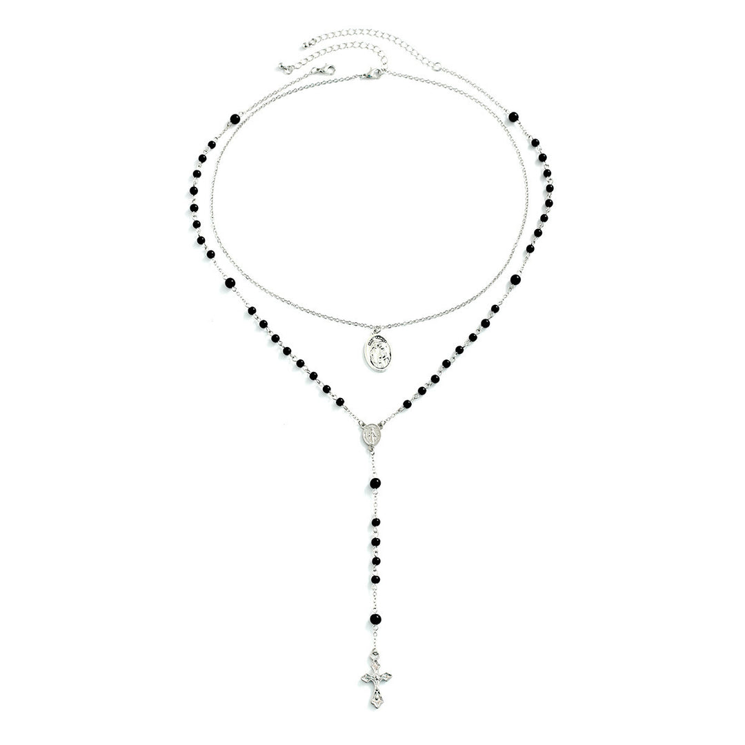 Collier chapelet avec pendentif croix en perles d'obsidienne Olivenorma 