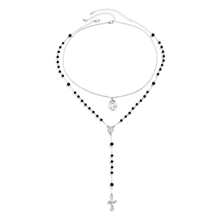 Collier chapelet avec pendentif croix en perles d'obsidienne Olivenorma 