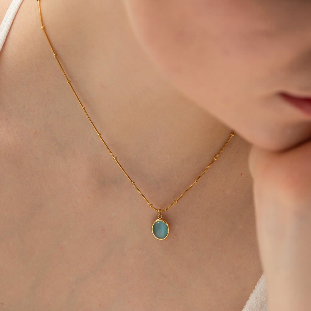 Collier pendentif carré en forme de cœur avec pierre œil de chat bleu Olivenorma 