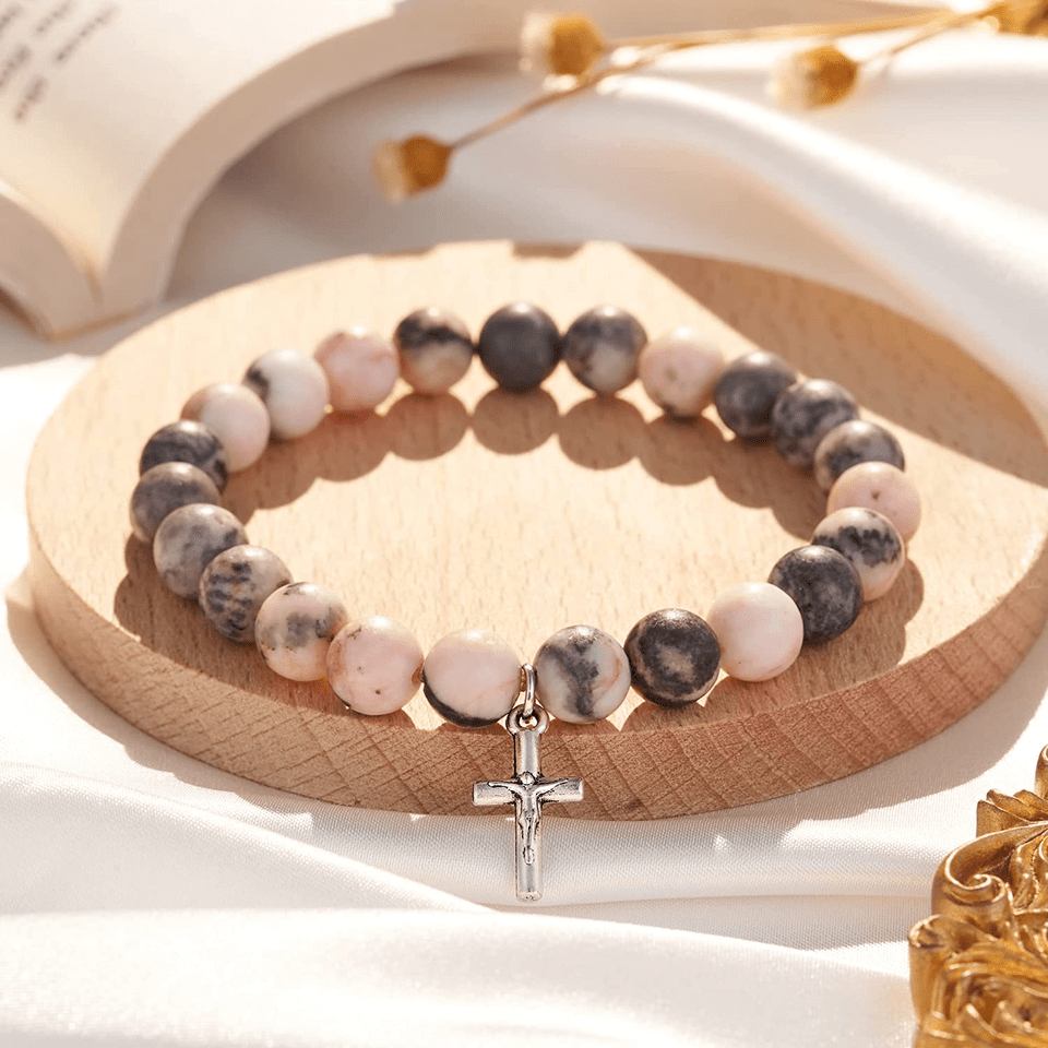 Bracelet pendentif croix en perles de 8 mm en jaspe zèbre rose et rhodonite Olivenorma 