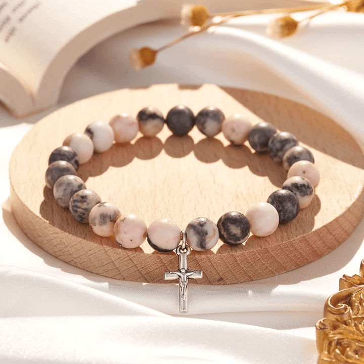 Bracelet pendentif croix en perles de 8 mm en jaspe zèbre rose et rhodonite Olivenorma 