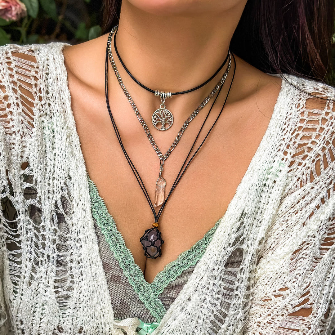 Ensemble de colliers avec pendentif en obsidienne et arbre de vie contre le mauvais œil Olivenorma 