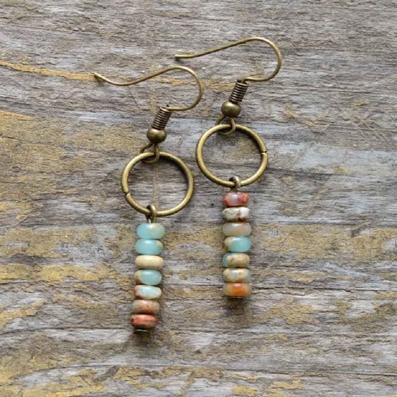 Boucles d'oreilles en perles de roue en quartz fraise, bronzite et agalmatolite Olivenorma