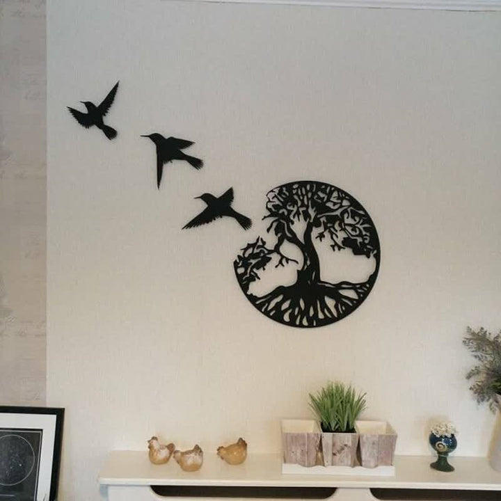 Décoration murale en métal Arbre de vie avec trois oiseaux