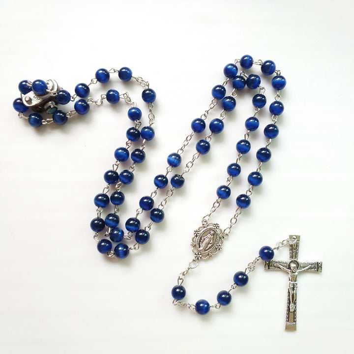 Collier chapelet croix en pierre œil de chat bleu Olivenorma de 8 mm 