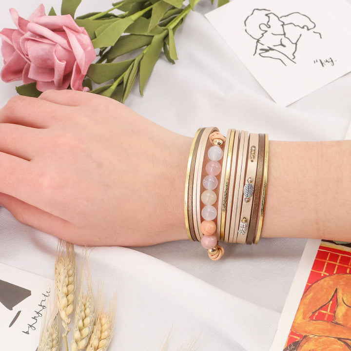 Bracelet multicouche en cuir et perles de cristal naturel Olivenorma