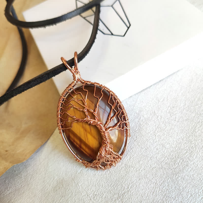 Collier ovale en pierre précieuse arbre de vie œil de tigre Olivenorma 