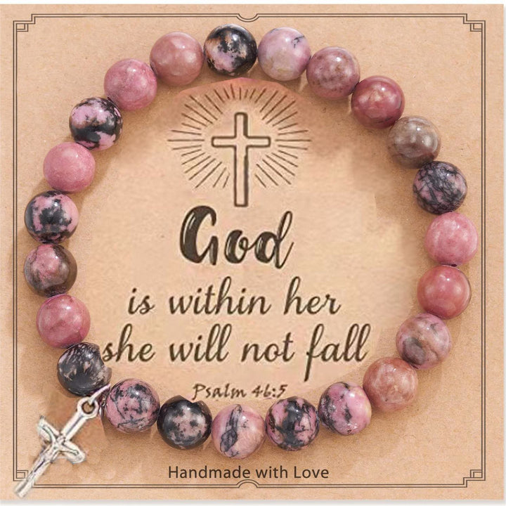 Bracelet pendentif croix en perles de 8 mm en jaspe zèbre rose et rhodonite Olivenorma 