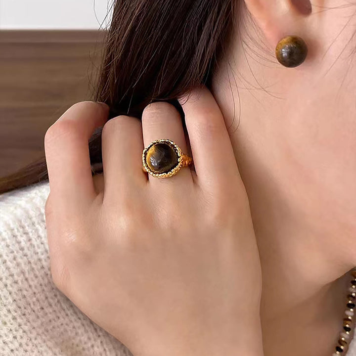 Bague ouverte vintage en pierre naturelle d'œil de tigre Olivenorma