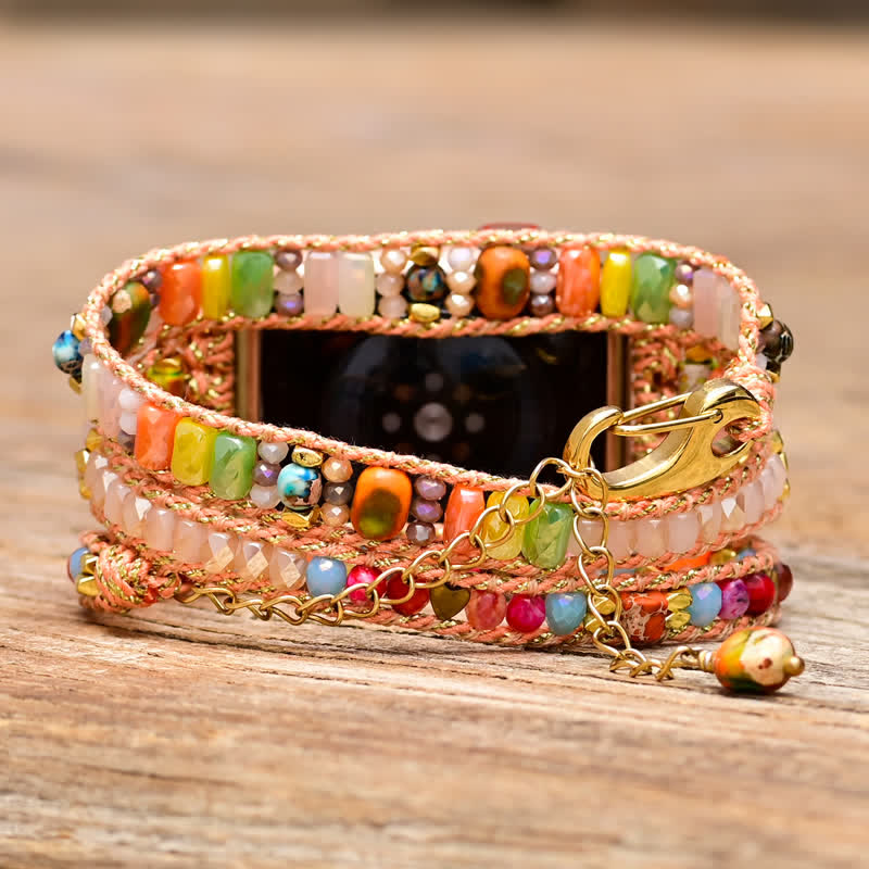 Bracelet enveloppant pour Apple Watch avec cristaux roses naturels et pierres précieuses colorées Olivenorma