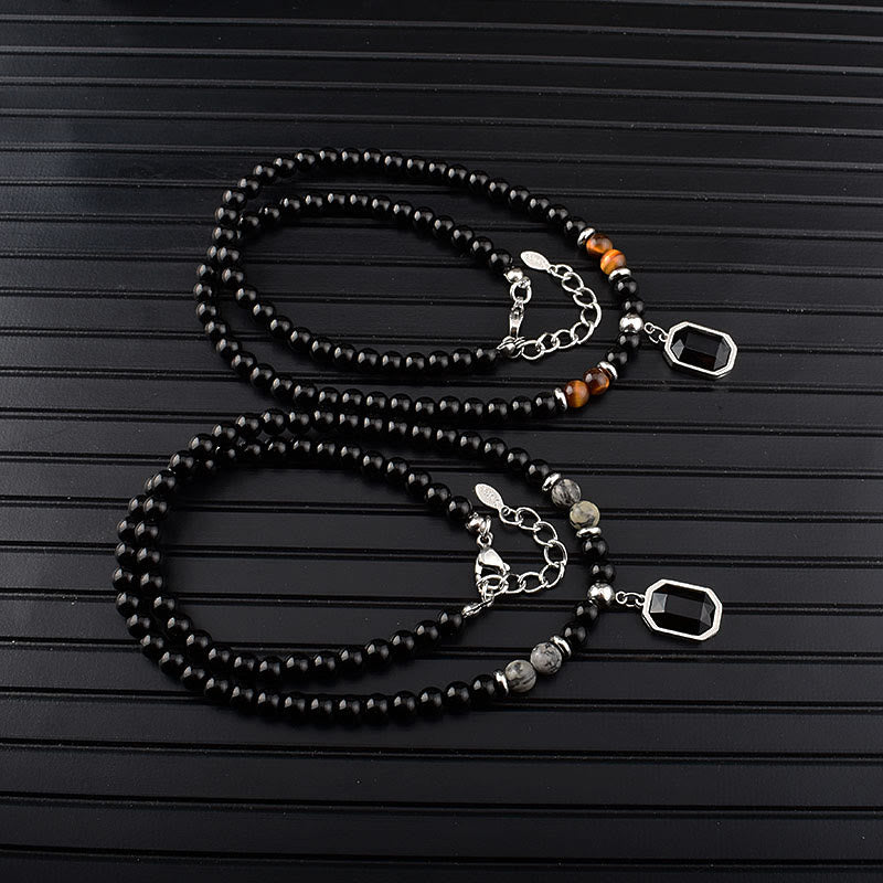 Collier en acier titane et perles d'obsidienne œil de tigre Olivenorma pour homme 