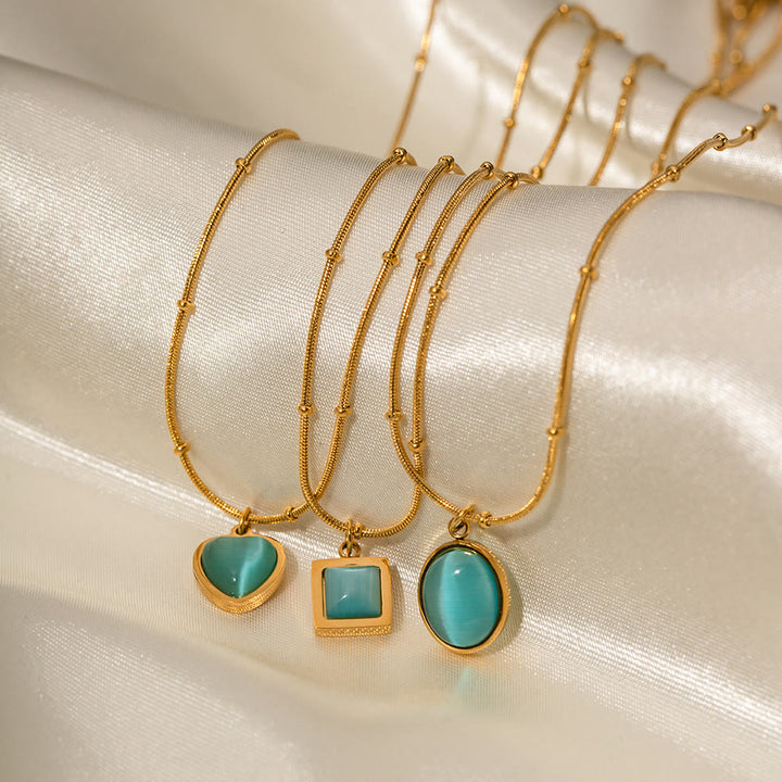 Collier pendentif carré en forme de cœur avec pierre œil de chat bleu Olivenorma 