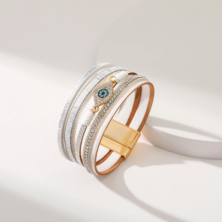 Bracelet Olivenorma en similicuir motif léopard avec zircon et mauvais œil