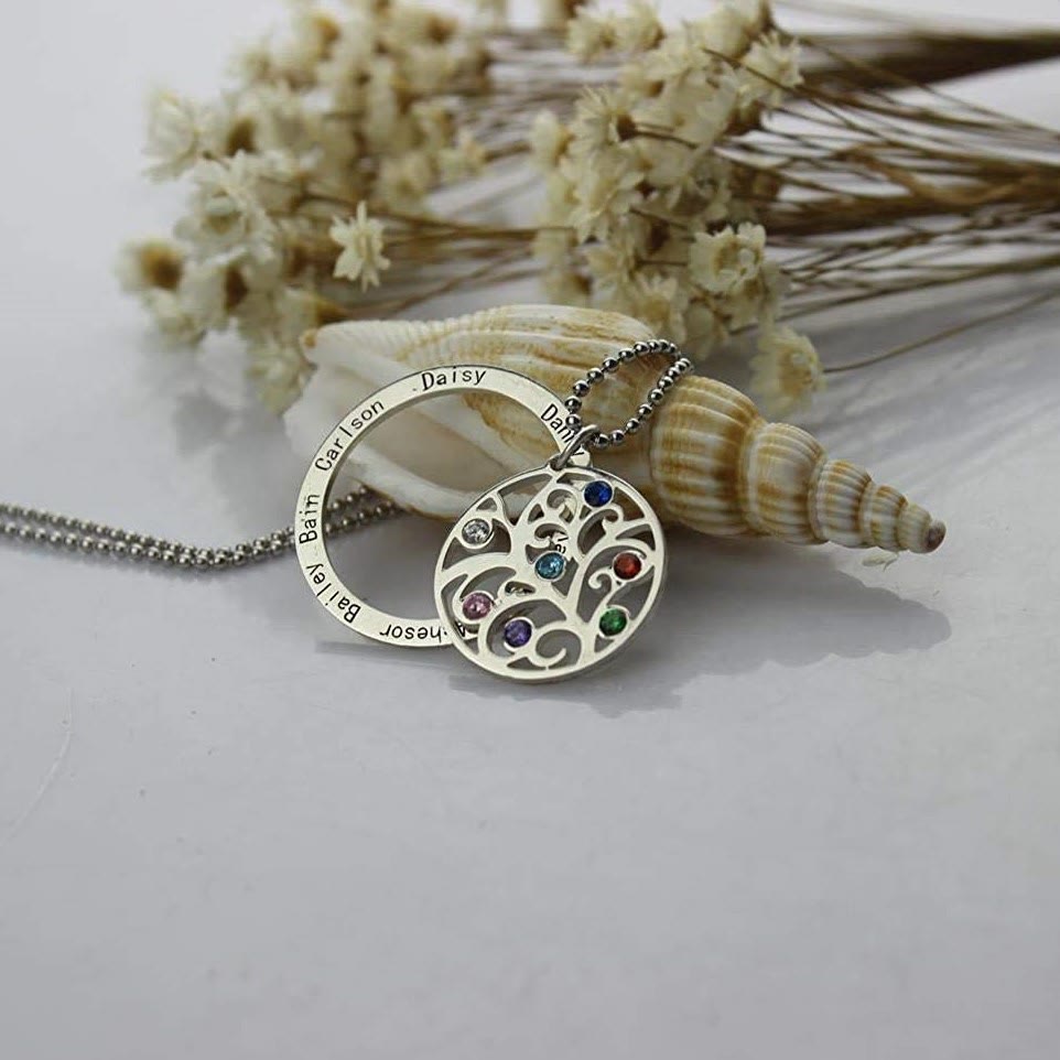 Collier avec pierre de naissance gravée du nom de l'arbre de vie Olivenorma 