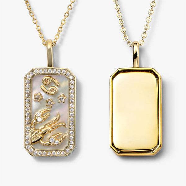 Collier avec plaque signalétique gravée avec 12 signes du zodiaque en zircon blanc Olivenorma 