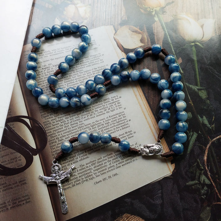 Collier chapelet avec croix de Jésus en pierre œil de chat bleu Olivenorma 