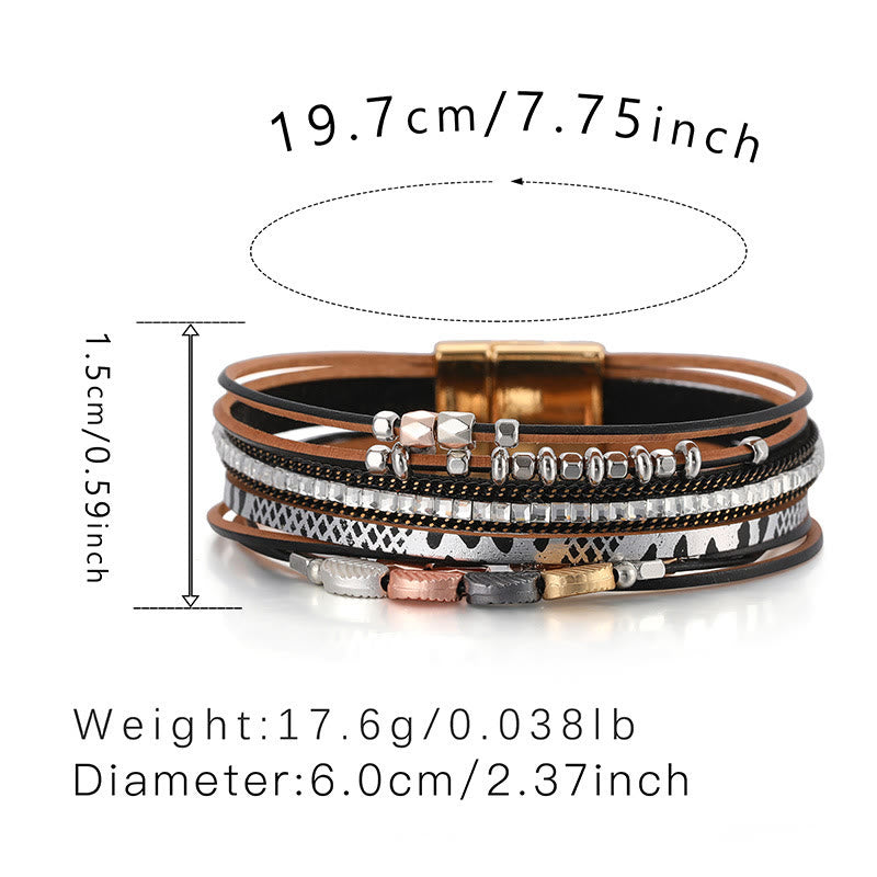 Bracelet en cuir à plusieurs niveaux avec feuille de zircon blanc et hématite Olivenorma