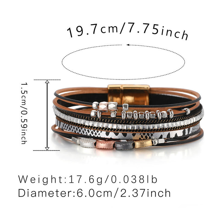 Bracelet en cuir à plusieurs niveaux avec feuille de zircon blanc et hématite Olivenorma