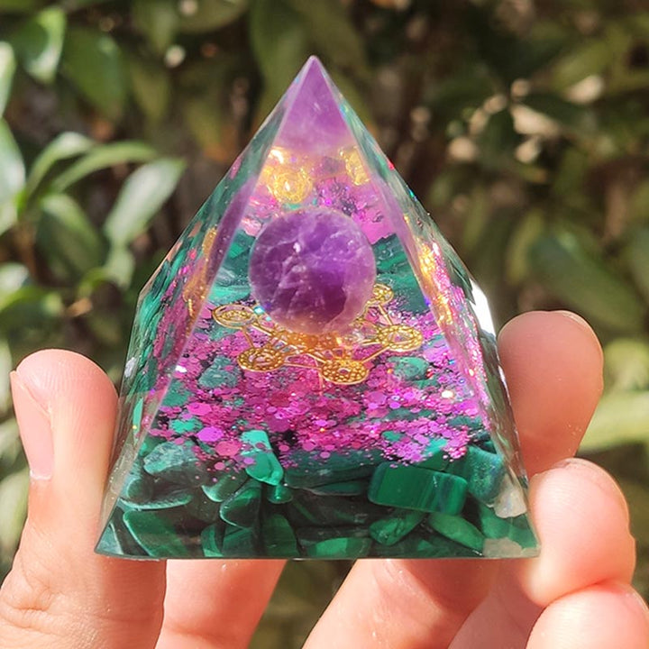 Symbole du cube de Métatron, améthyste Olivenorma, pyramide d'orgone