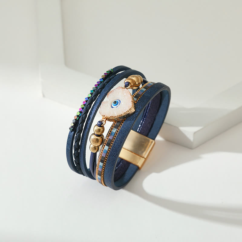 Bracelet Olivenorma « Triple Protection » en forme de cœur avec perles dorées en cristal et mauvais œil