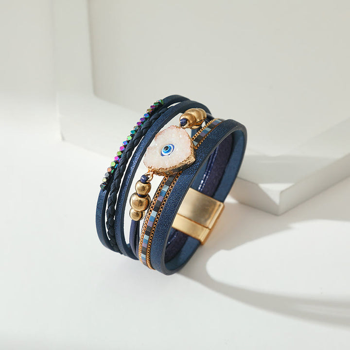 Bracelet Olivenorma « Triple Protection » en forme de cœur avec perles dorées en cristal et mauvais œil