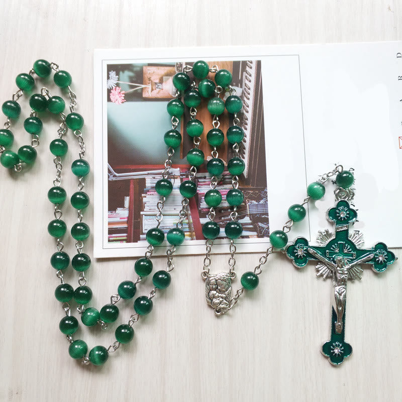 Collier chapelet croix en pierre œil de chat vert Olivenorma 