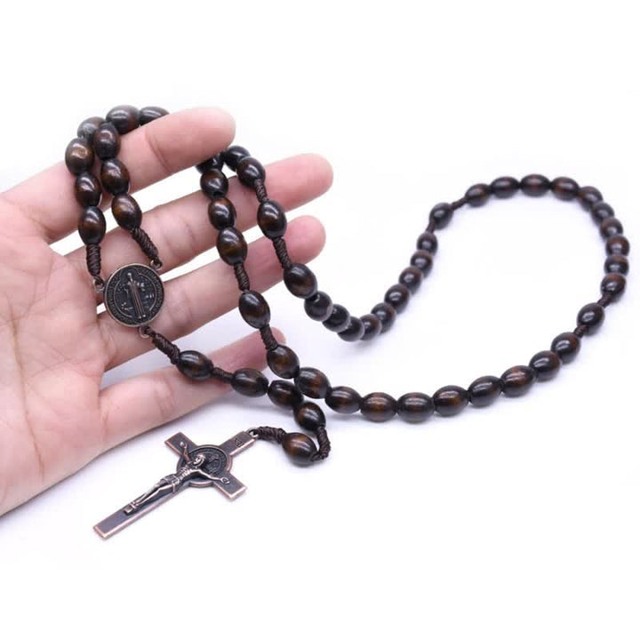 Collier chapelet en bois avec croix vintage tricotée Olivenorma