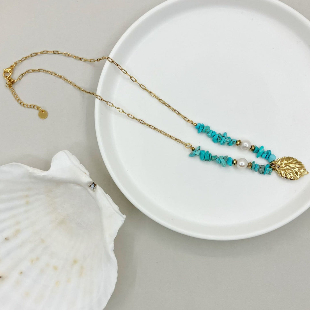 Collier pendentif en feuilles de turquoise irrégulières naturelles Olivenorma 