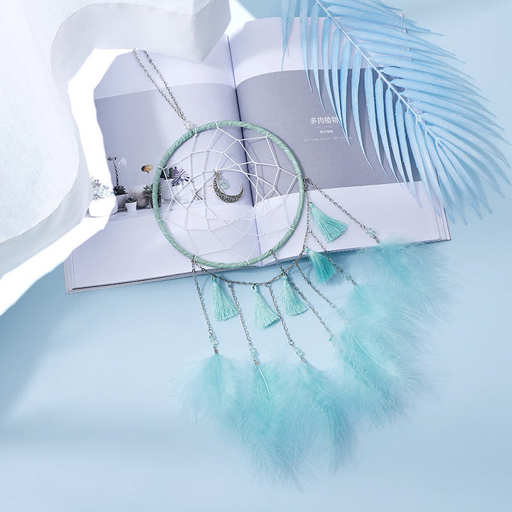 Pendentif attrape-rêves en forme de lune en plumes blanches de fée Olivenorma