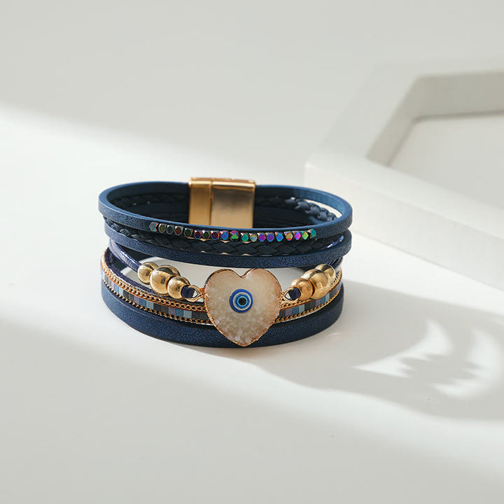 Bracelet Olivenorma « Triple Protection » en forme de cœur avec perles dorées en cristal et mauvais œil