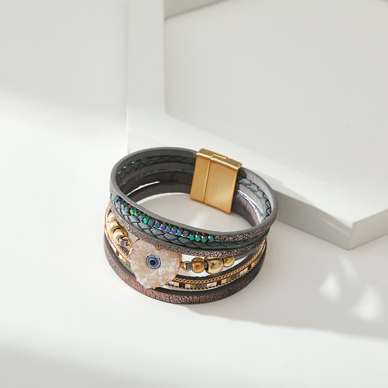 Bracelet Olivenorma « Triple Protection » en forme de cœur avec perles dorées en cristal et mauvais œil